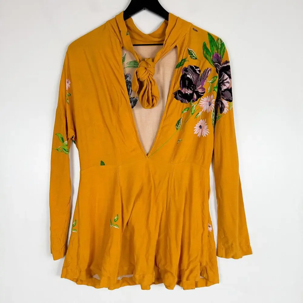Free People Gemma Tunic Dress Mini Yellow Floral Open Back - XS